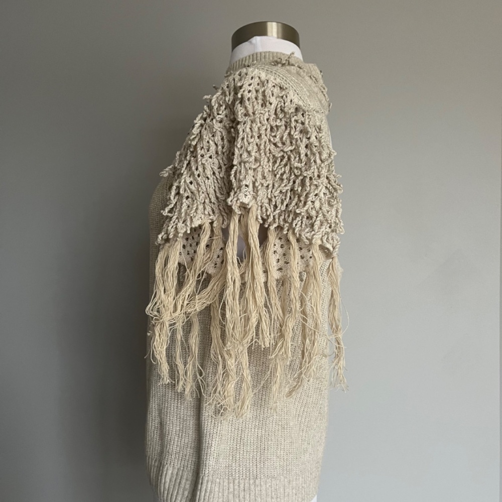 Anthropologie Aphrodite Fringe Embellished Embroidered Open Back Tee Top Sweater - Picture 5 of 11